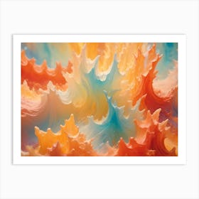 A Close Up Of Abstract, Swirling Shapes In Shades Of Orange, Blue, And Pink, Resembling A Liquid Or Paint, Creating A Dynamic And Artistic Composition Art Print