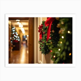 Extreme Close Up Of A Shelf Adorned With Lush Christmas Wreaths Placed On One Side Of A Hallway Door Art Print