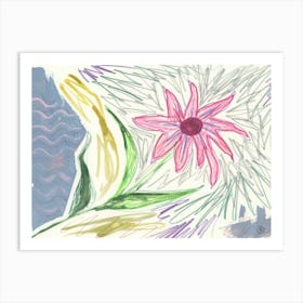 Pink Flower Within Graphite - hand drawn pink green grey gray Art Print