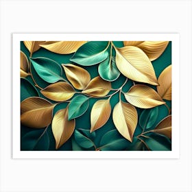 Gold Leaves On Green Background Art Print