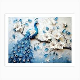 Peacock Painting. 3d blue peacock with flowers Art Print