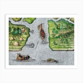 Leaving The River Of May, The French Discover Two Other Rivers ; Six Other Rivers Discovered By The French Illustration From Grand Voyages (1596) Art Print