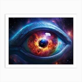 Alien Eye With A Chameleon Like Iris Reflecting A Ufo Hovering In A Starfield Nebulae Swirling In T Art Print