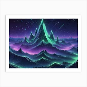 A Glowing, Green Wireframe Mountain Range Under A Starry Night Sky With Shooting Stars Art Print