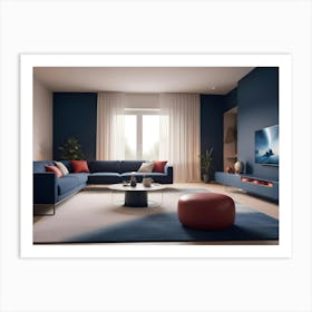 A Living Room With A Blue Wall, A Blue Couch, A Red Ottoman, And A Large Screen Television Art Print