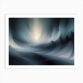 A Digital Painting Of An Abstract Landscape With Swirling, Gray Clouds And A Bright Light In The Distance Art Print