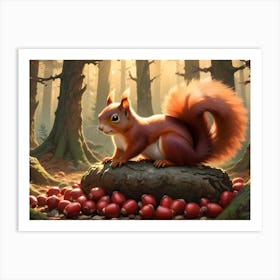 Red Squirrel Gathering Acorns In A Sun Dappled Forest Art Print