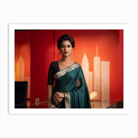 Indian Businesswoman Wearing A Modern Saree Showcasing Confident Stance Styled Short Hair Corpora Art Print