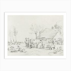 Farmyard With Cattle And Milking Woman, Jean Bernard Art Print