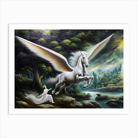 Chasing Dreams, A majestic white Pegasus dominates the composition, its wings outstretched as it soars through the air. The Pegasus is being chased by a maiden in white flowing silks. Crying out as she sees her dreams fly away. classic art Art Print