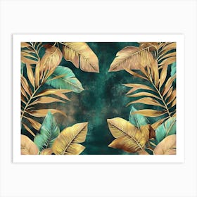 3d Tropical Seamless Border Luxury Illustration Exotic Green Beige Brown Pink Golden Leaves Vintage Artwork Art Print