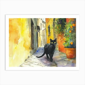 Black Cat In Cesena, Italy, Street Art Watercolour Painting 3 Art Print