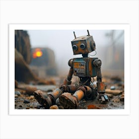 Abandoned Toy Robot Small Heavily Rusted Covered In Dust Cracked And Faded Paint Surface Lying Art Print