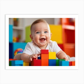 Baby Smiling Engaging With Vibrant Blocks Of Primary Colors Soft Focus Background Enhancing The Ch (5) Art Print