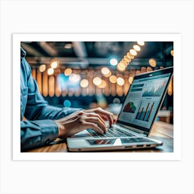 Close Up Of A Person S Hands Typing On A Laptop Keyboard In A Dimly Lit Setting With Bokeh Lights In The Background Art Print