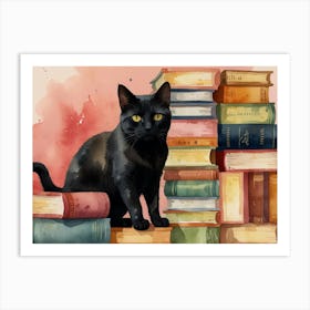 Black Cat On Books Art Print