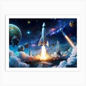 Spaceship Launching Into Space With Planets And Galaxies Art Print