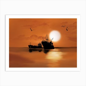 Silhouette Of Fishing Boats At Sunset Digital Art Artwork Sea Art Print