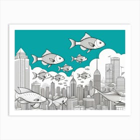 Fish City High Rise Swimming Clouds Surreal Absurd Art Black And White Line Art Aqua Art Print