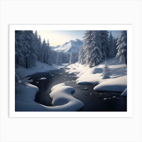 Snowy Landscape Of Trees And Stream Art Print