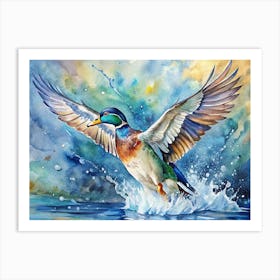 Watercolor Painting Of A Mallard Duck Taking Flight Art Print