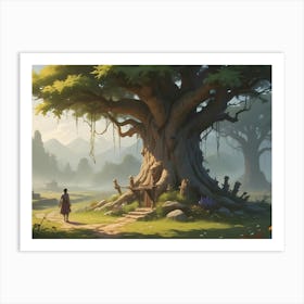 A Girl Standing Before A Giant, Ancient Tree, In A Mystical Landscape With Fog, Flowers And Stone Figures Art Print