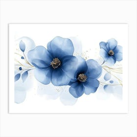 Elegant Abstract Blue Flowers With Golden Line 1 Art Print