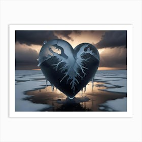 A Large, Heart Shaped Ice Sculpture Stands On A Frozen Lake, Melting And Dripping With Water Art Print