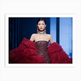 Asian Woman Posing Effortlessly In Haute Couture High Fashion Runway Walk Lavish Fabrics Cascading (4) Art Print