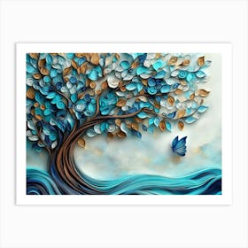 Abstract 3d Tree Artwork with Swirling Turquoise, Blue, And Brown Leaves Póster