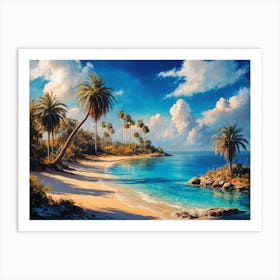 Oil painting of a mediterranean coastal landscape with a sand beach and palm trees 1 Art Print