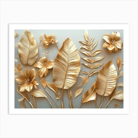 Gold Floral Plants and Palm Leaves 3d Abstract Tropical Leaves, Banana Leaves 1 Art Print