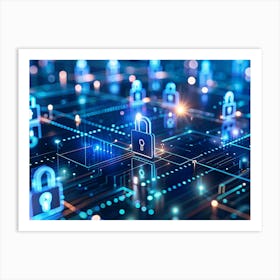 Digital Grid With Glowing Blue Lock Icons, Representing Cybersecurity Art Print