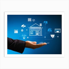 Artificial Intelligence Concept Visualized As A Hand Holding A Glowing Blue Diagram Of A Smart Home (5) Art Print