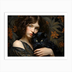 Contemporary Floral Cat And Woman 2 Art Print