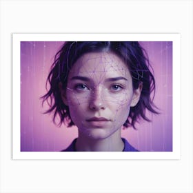 A Portrait Of A Young Woman With A Mesh Of Glowing Purple Lines Overlaying Her Face Art Print