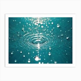 A Water Drop Falls Into A Turquoise Pool, Creating A Beautiful Ripple Effect And Splashing Droplets Art Print