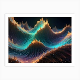 Abstract 3d Illustration Of Swirling, Iridescent Waves With Gold Highlights Against A Dark Background Art Print