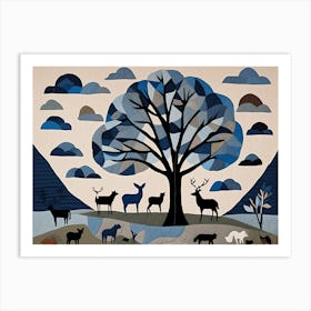 American Quilting Inspired Minimalist Folk Art with Sky Tones, 1370 Art Print