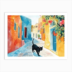 Santorini, Greece   Cat In Street Art Watercolour Painting 1 Art Print