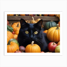 Black Cat Sitting In A Pile Of Pumpkins Autumn Colors Art Print