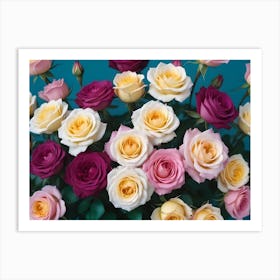 Bouquet Of Pink, Yellow, And Purple Roses Against A Turquoise Background Art Print