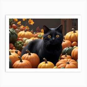 Black Cat Sitting In A Pile Of Pumpkins With Autumn Leaves Art Print