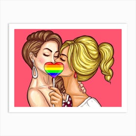 Pop Art Girls In Love Behind Rainbow Lollypop Art Print