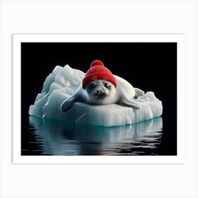 Baby Seal with red beanie On Iceberg Art Print