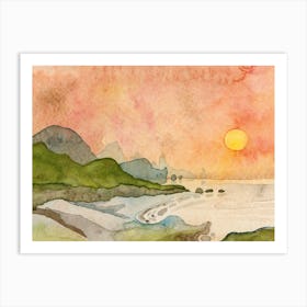 Sun Above The Lake watercolor painting landscape nature sun water mountains orange burnt yellow green hand painted Art Print