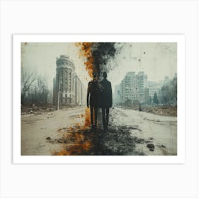 Temporal Resonances: A Conceptual Art Collection. Two Men Standing In A City Art Print