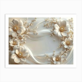 3d White and Blue Background with Golden Jewelry and Flowers 1 Art Print