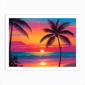 A Tranquil Beach At Sunset Horizontal Illustration 51 Art Print