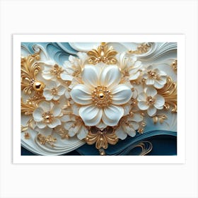 Intricate 3d Artwork Illustration With A White And Blue Backdrop, Embellished With Gold Jewelry 2 Art Print